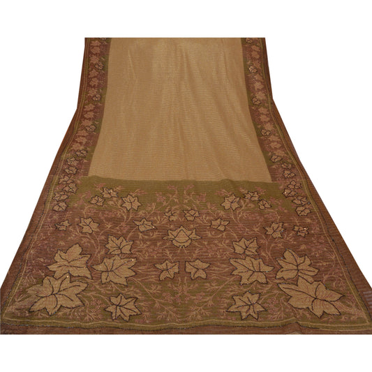 Sanskriti Vintage Sarees Net Mesh Hand Beaded Painted Cream Craft Fabric Sari