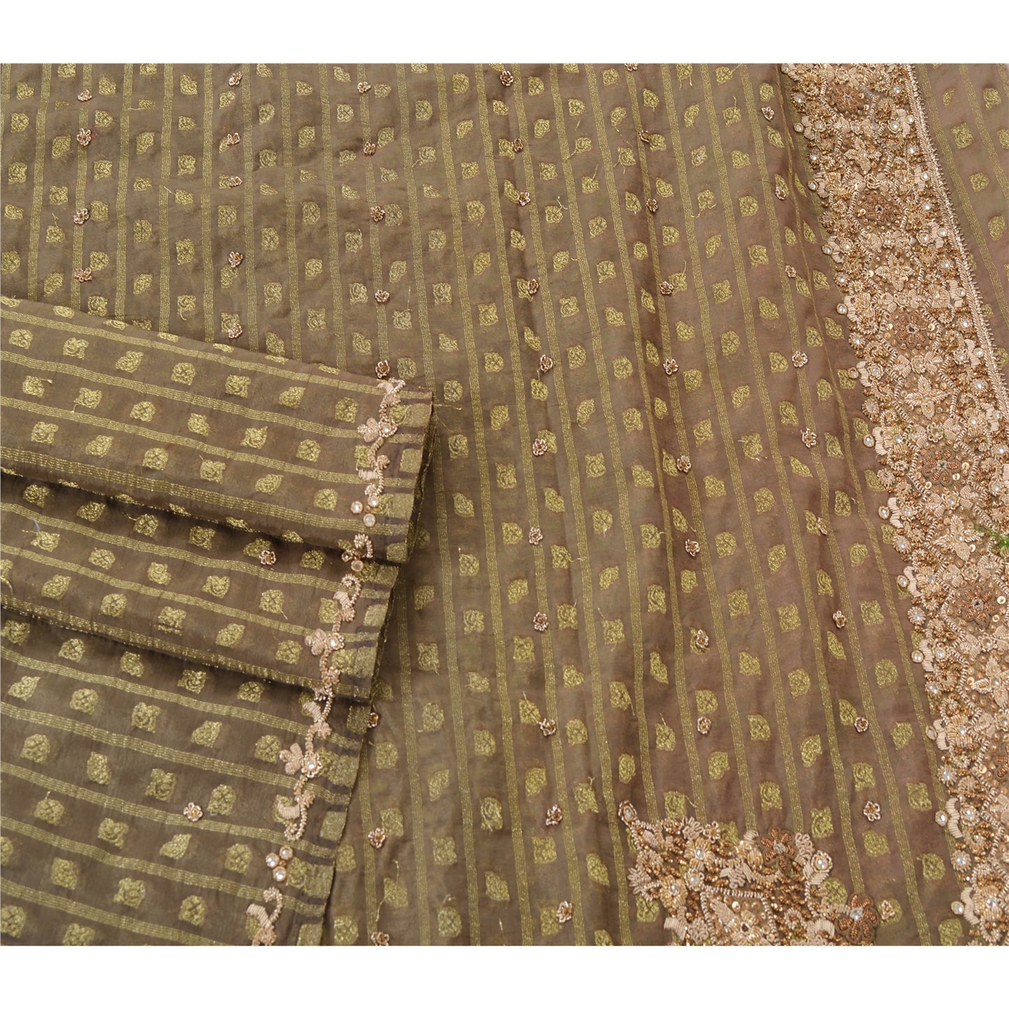 Sanskriti Vintage Green Sarees Georgette Hand Beaded Woven Fabric Cultural Sari