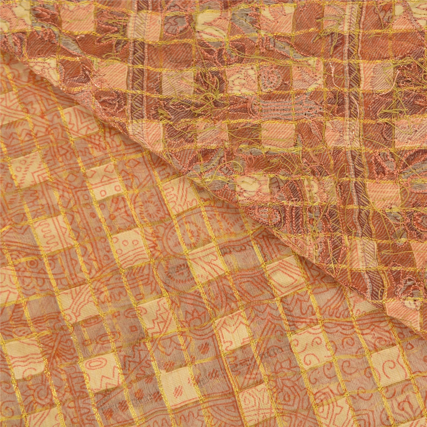 Sanskriti Vintage Cream Sarees Pure Organza Silk Hand Beaded Craft Fabric Sari