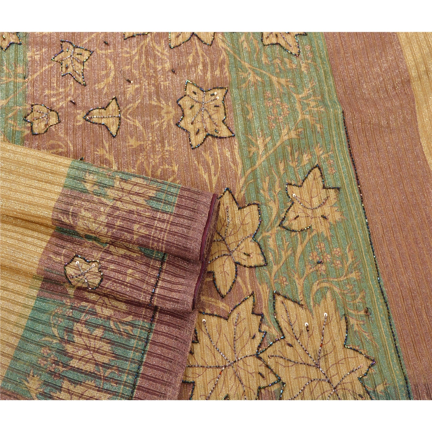 Sanskriti Vintage Sarees Cream Net Mesh Hand Beaded Woven Fabric Premium Sari