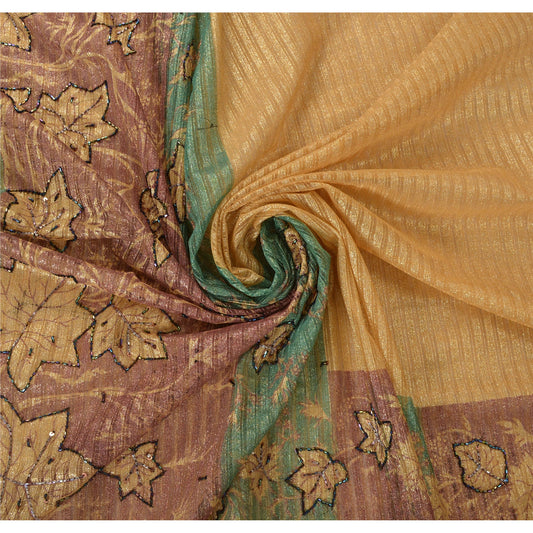 Sanskriti Vintage Sarees Cream Net Mesh Hand Beaded Woven Fabric Premium Sari