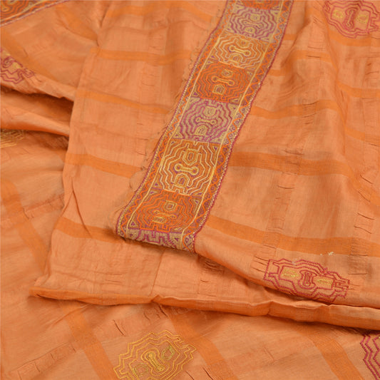 Sanskriti Vintage Sarees Pure Silk Embroidered Orange Craft Fabric 5 YD Sari