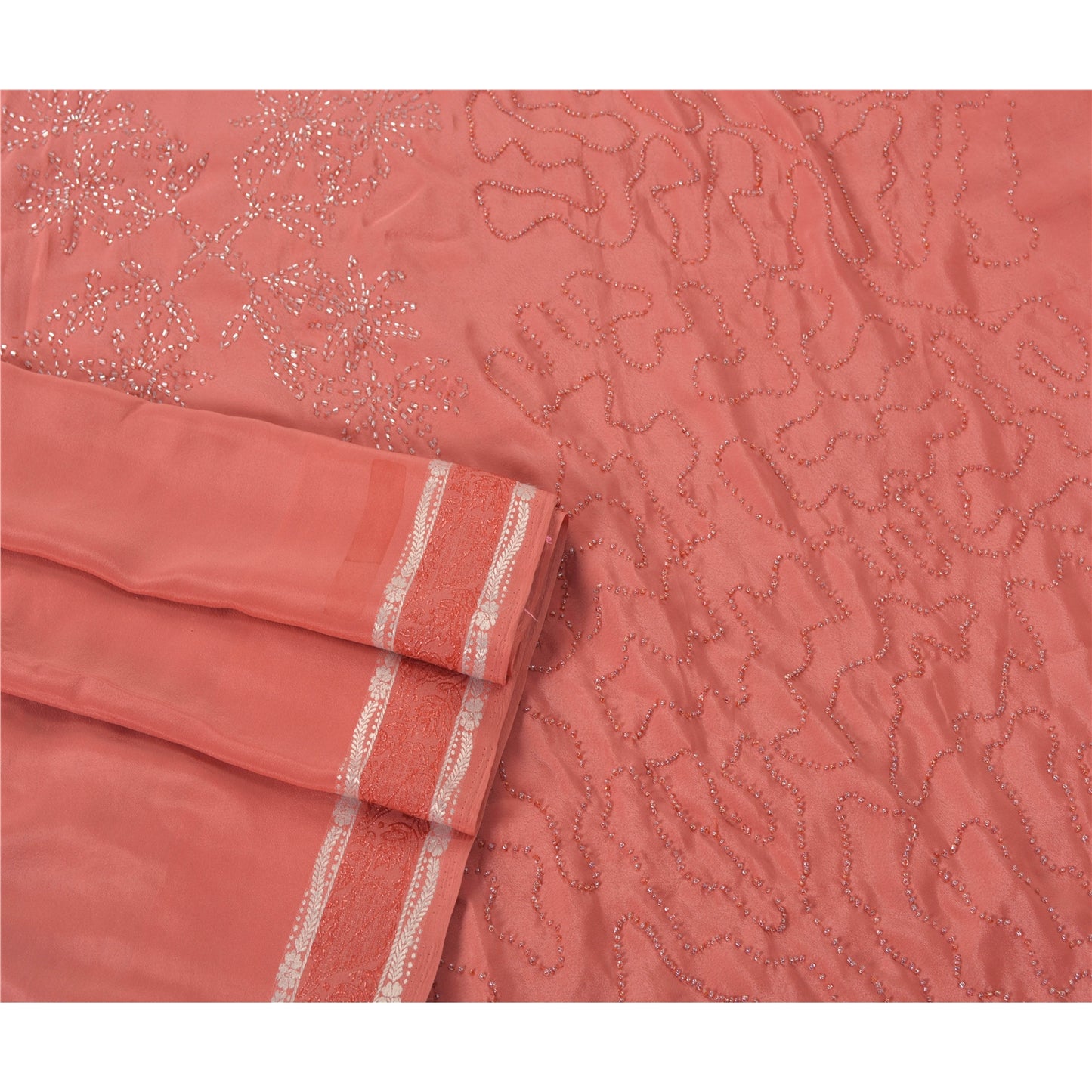 Sanskriti Vintage Pink Sarees Crepe Hand Beaded Craft Soft Fabric Premium Sari