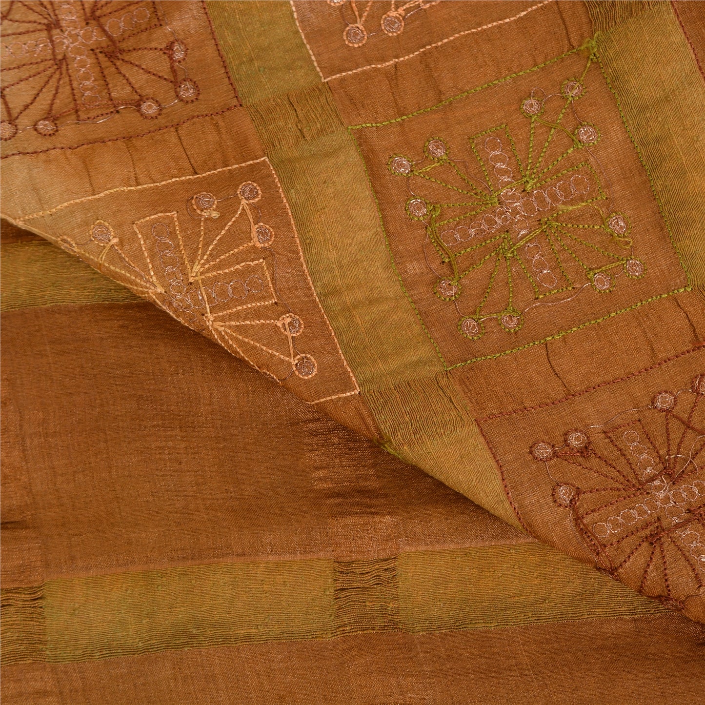 Sanskriti Vintage Brown Sarees Pure Silk Hand Embroidered Fabric 5yrd Sari