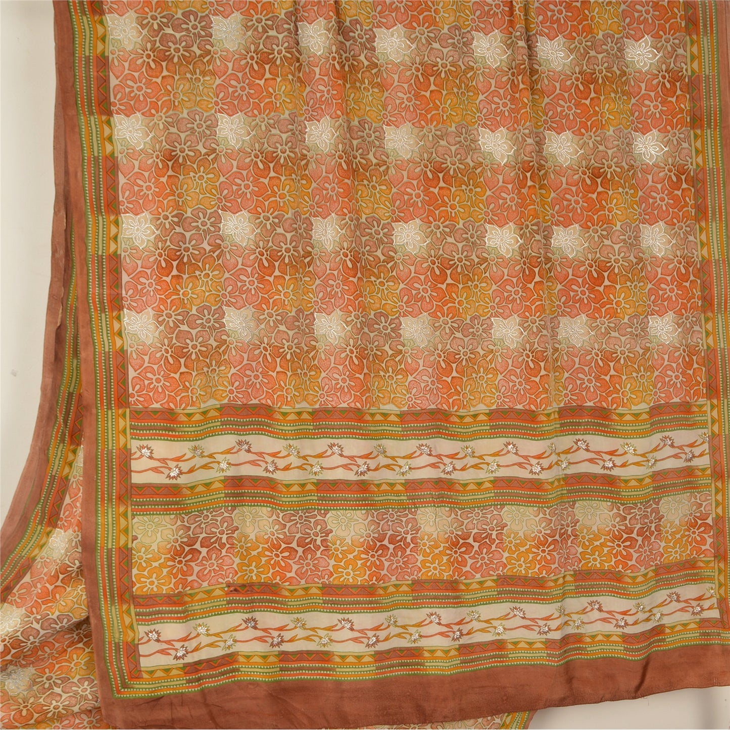 Sanskriti Vintage Sarees Pure Crepe Silk Hand Embroidered 5yrd Craft Fabric Sari