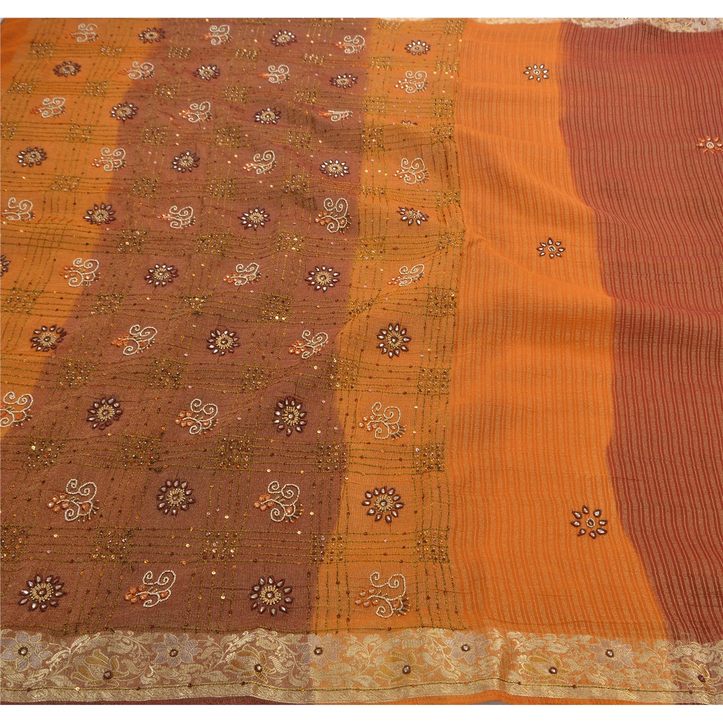 Sanskriti Vintage Orange Sarees Georgette Hand Beaded Woven Craft Fabric Sari