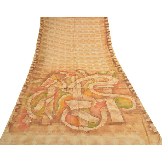 Sanskriti Vintage Cream Sarees Pure Silk Hand Beaded Painted Craft Fabric Sari