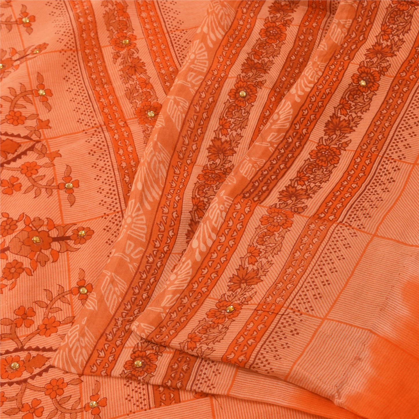 Sanskriti Vintage Orange Sarees Pure Cotton Hand Beaded Printed Fabric 5yrd Sari
