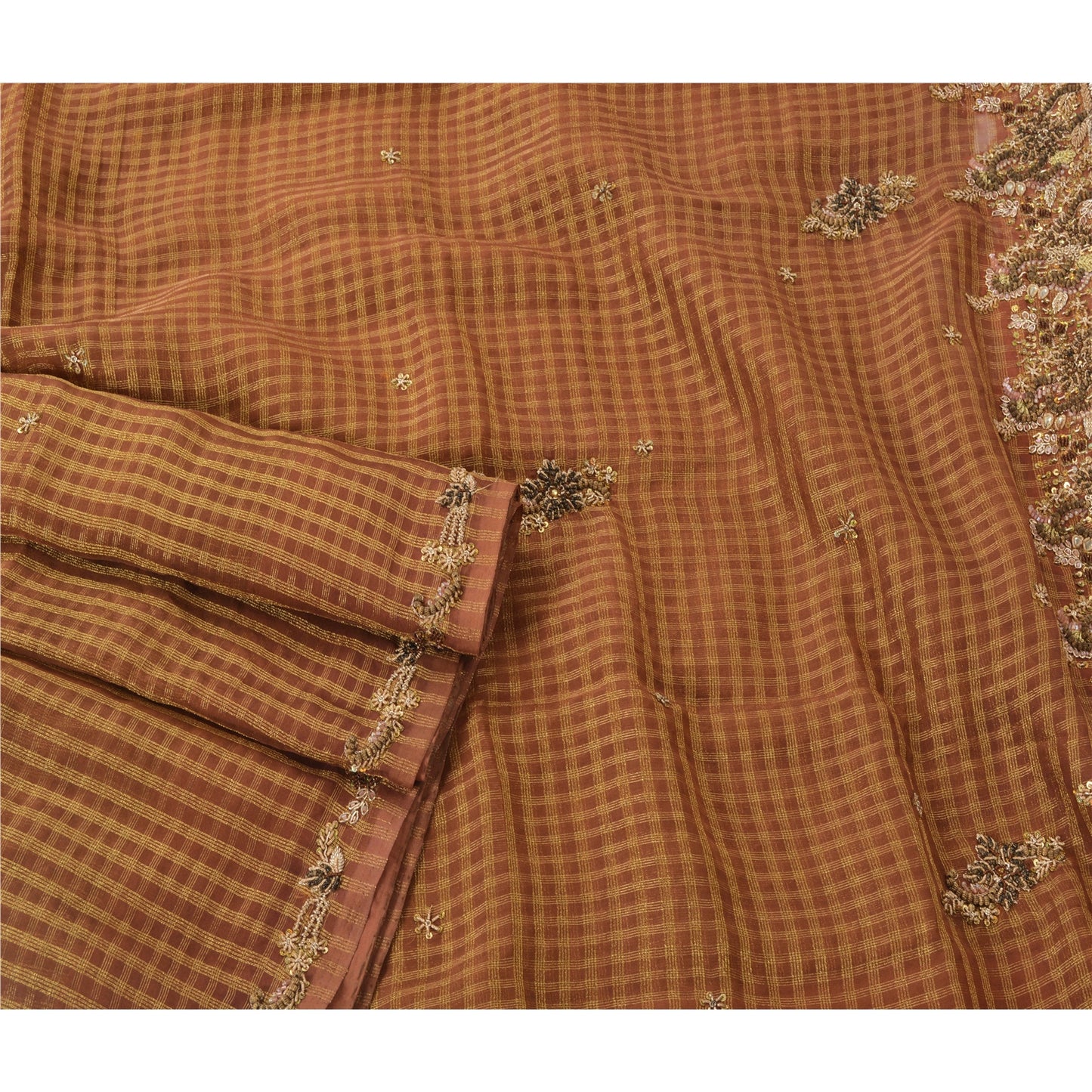Sanskriti Vintage Brown Sarees Georgette Hand Beaded Craft Fabric Premium Sari