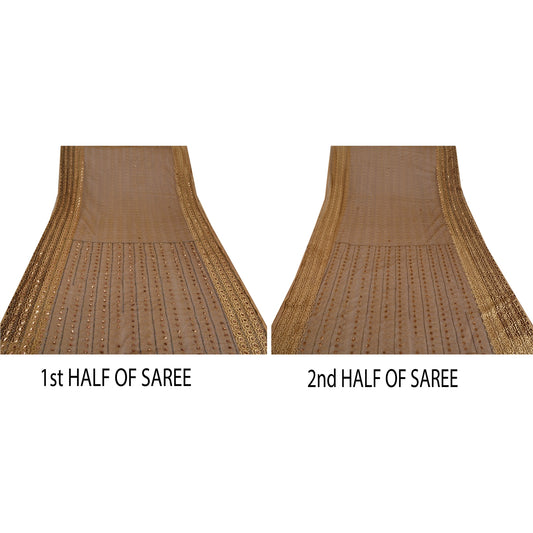 Sanskriti Vintage Sarees Net Mesh Hand Beaded Woven Brown Fabric Craft 5 YD Sari