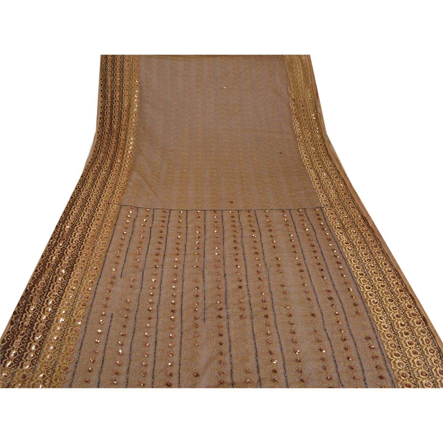 Sanskriti Vintage Sarees Net Mesh Hand Beaded Woven Brown Fabric Craft 5 YD Sari