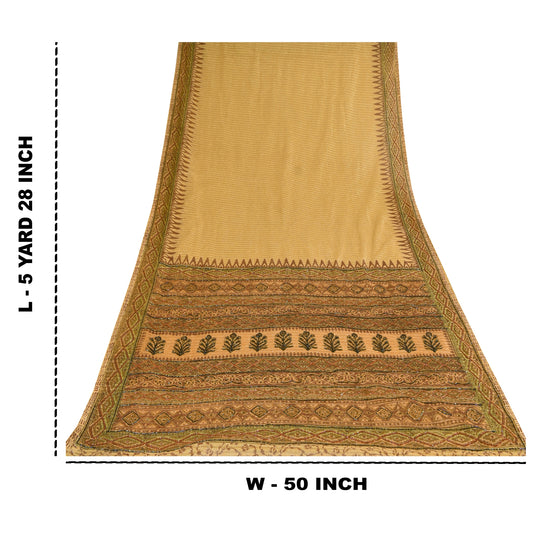 Sanskriti Vintage Indian Cream Sarees Net Mesh Hand Beaded Woven Sari 5yd Fabric