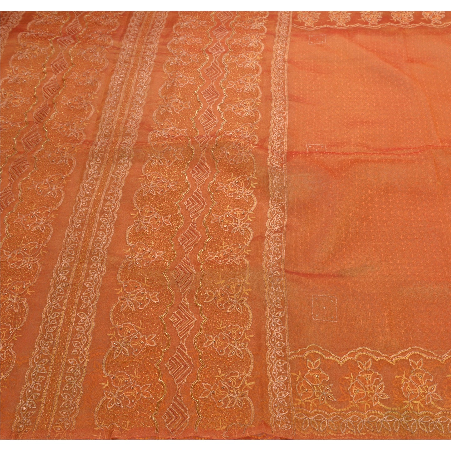 Sanskriti Vintage Orange Sarees Tissue Hand Beaded Painted Craft Fabric Sari