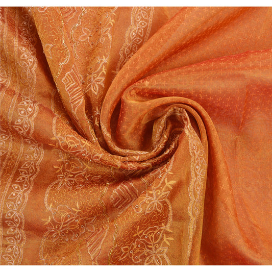 Sanskriti Vintage Orange Sarees Tissue Hand Beaded Painted Craft Fabric Sari