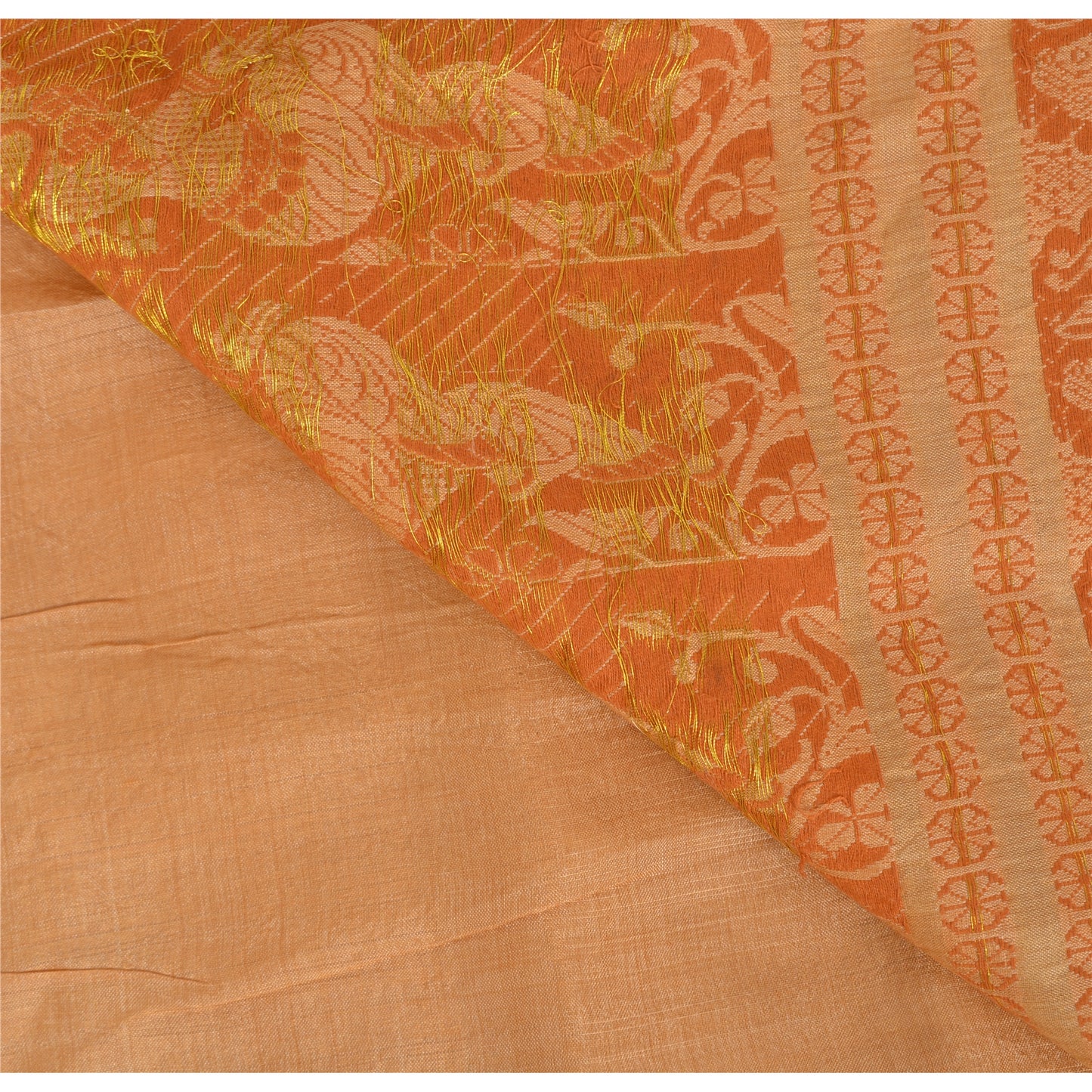 Sanskriti Vintage Peach Sarees Cotton Silk Hand Woven Baluchari Sari 5+YD Fabric
