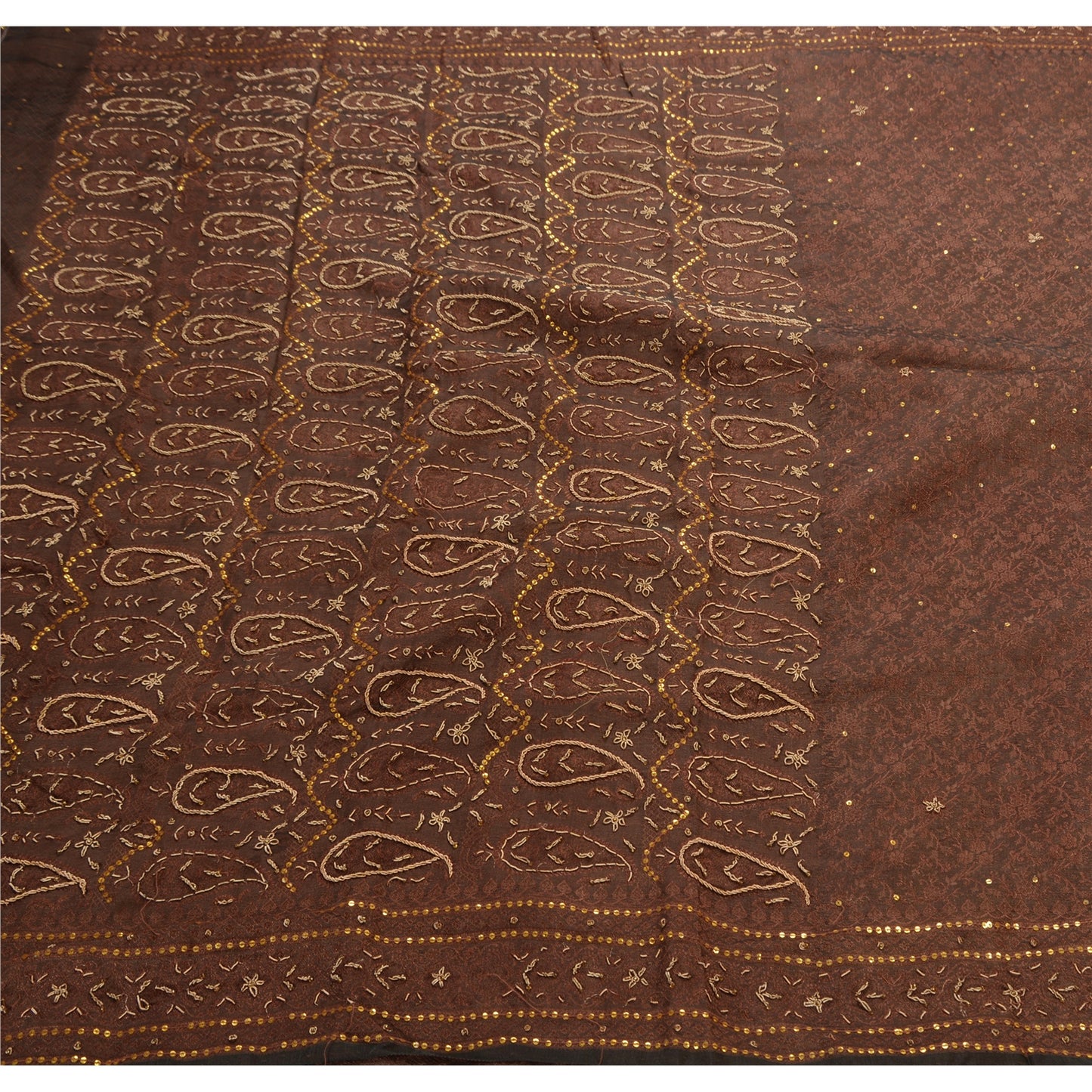 Vintage Brown Saree Art Silk Hand Beaded Woven Craft Fabric Cultural Sari