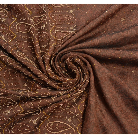 Vintage Brown Saree Art Silk Hand Beaded Woven Craft Fabric Cultural Sari