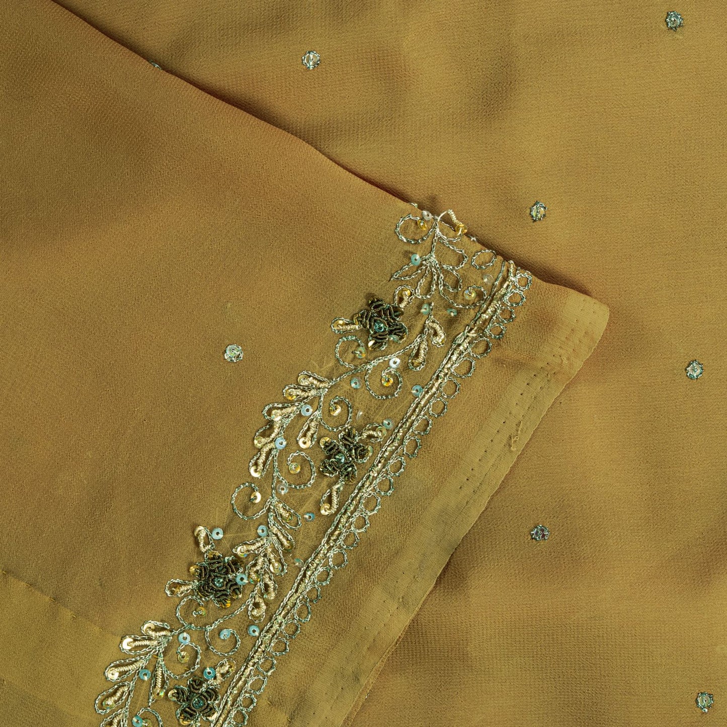 Sanskriti Vintage Saree Yellow Georgette Sari Hand Embroidered Dabka 6YD Fabric