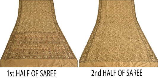 Sanskriti Vintage Indian Saree 100% Pure Silk Brown Woven Cultural Sustainable Fabric Sari