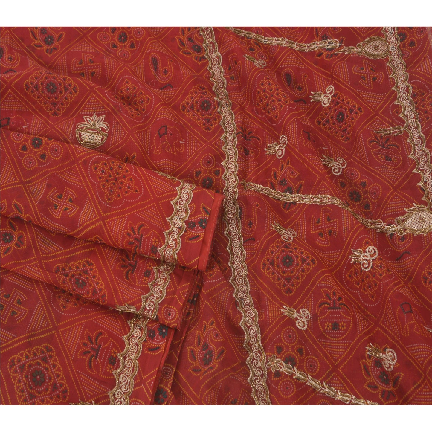 Sanskriti Vintage Red Saree American Georgette Hand Beaded Fabric Premium Sari