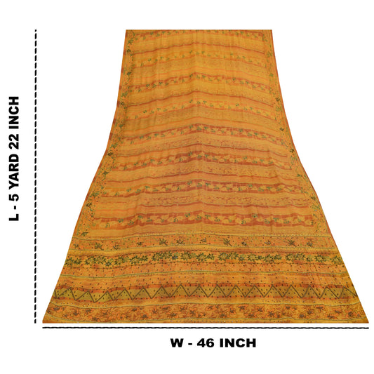Sanskrit Vintage Yellow Saree Pure Crepe Silk Hand Beaded Printed Fabric Sari