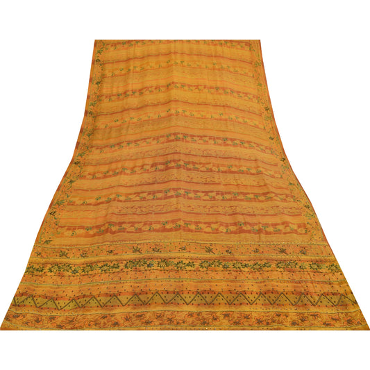 Sanskrit Vintage Yellow Saree Pure Crepe Silk Hand Beaded Printed Fabric Sari