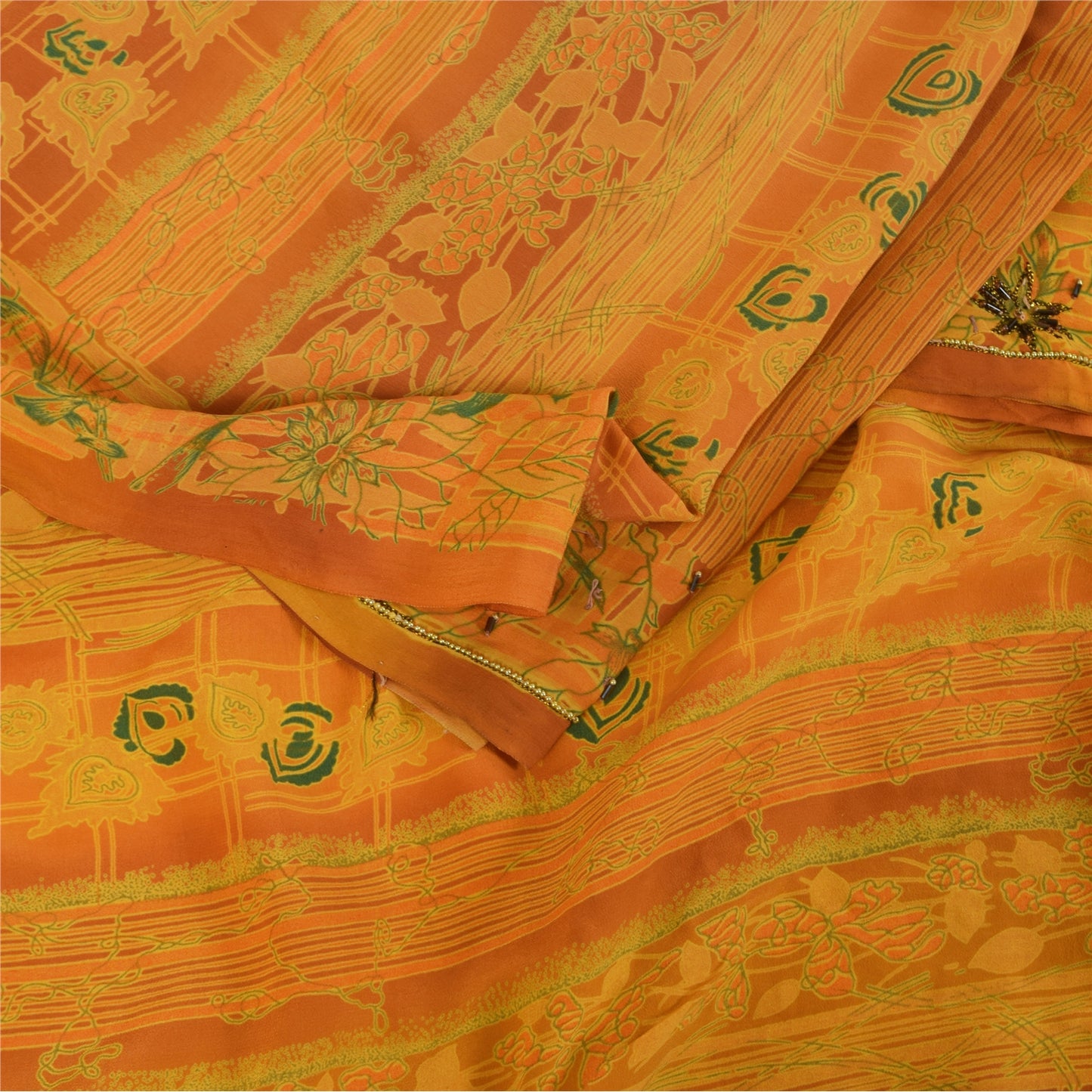 Sanskrit Vintage Yellow Saree Pure Crepe Silk Hand Beaded Printed Fabric Sari