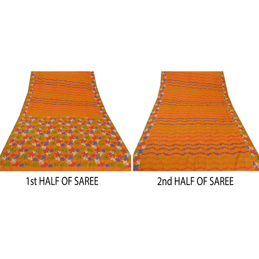 Sanskriti Vintage Sarees Georgette Hand Beaded Orange Craft Fabric 5 YD Sari