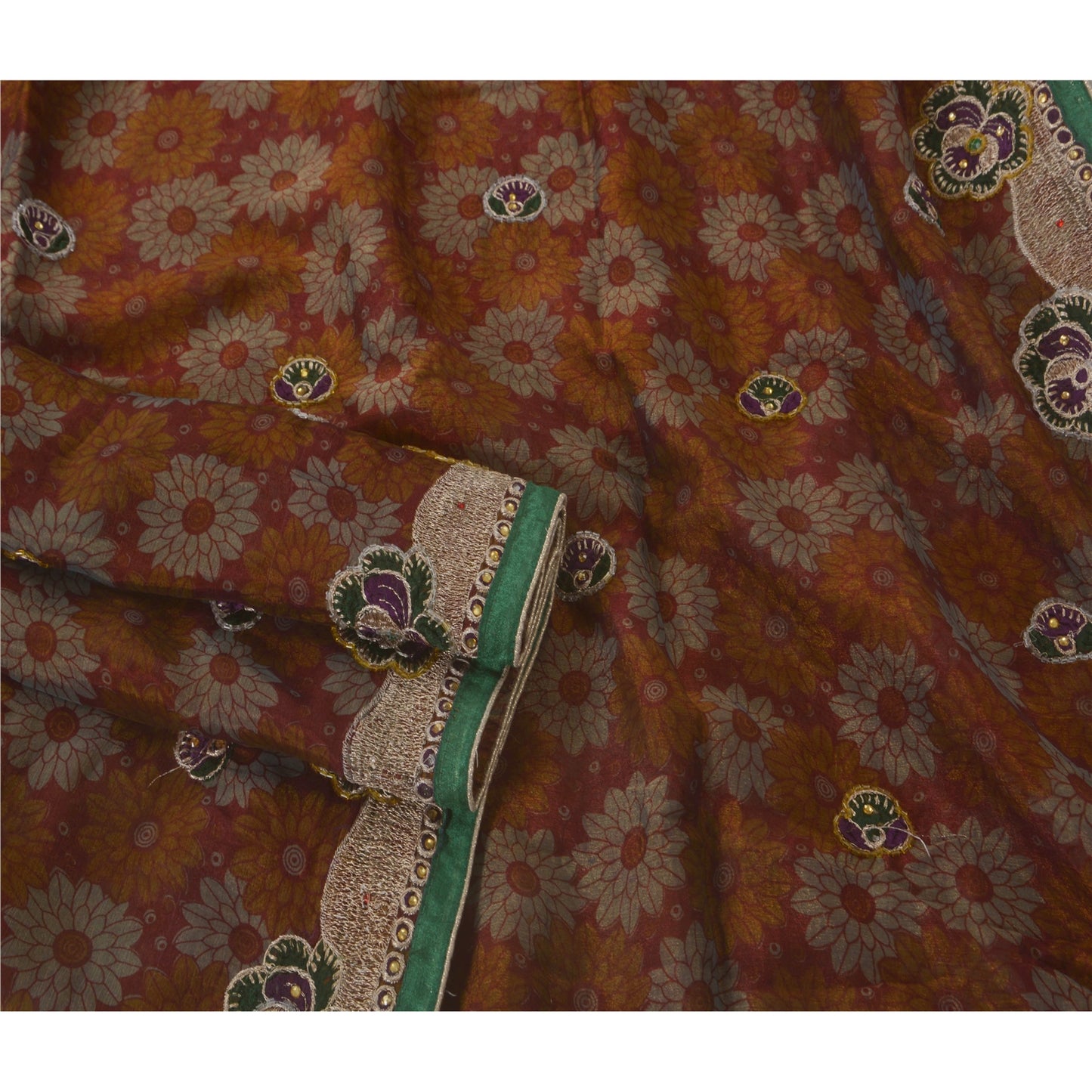 Sanskriti Vintage Dark Red Sarees Art Silk Hand Beaded Craft 5 YD Fabric Sari