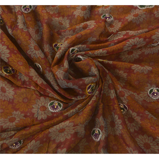 Sanskriti Vintage Dark Red Sarees Art Silk Hand Beaded Craft 5 YD Fabric Sari