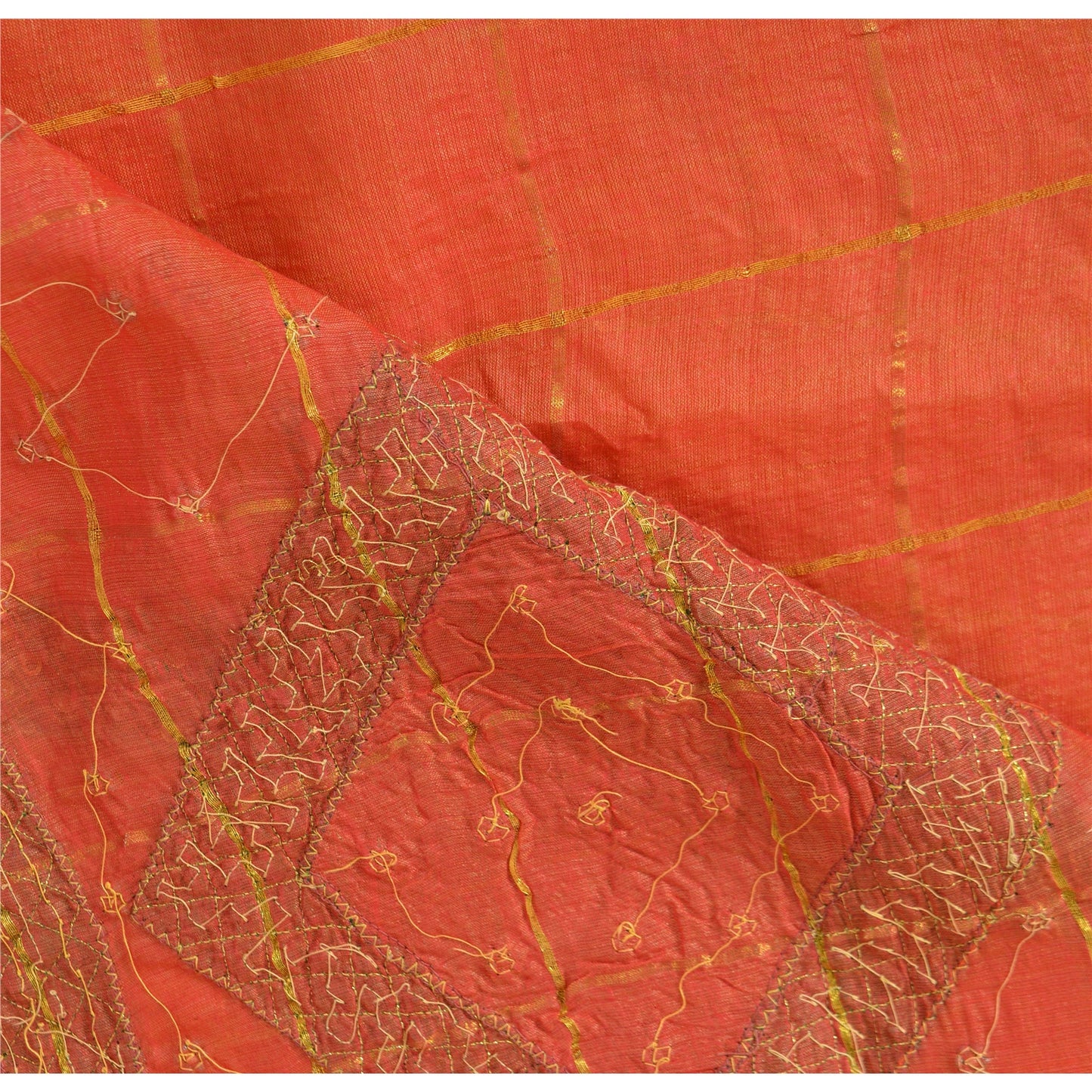 Sanskriti Vintage Orange Sarees Pure Silk Hand Beaded Orange Sari Fabric Craft