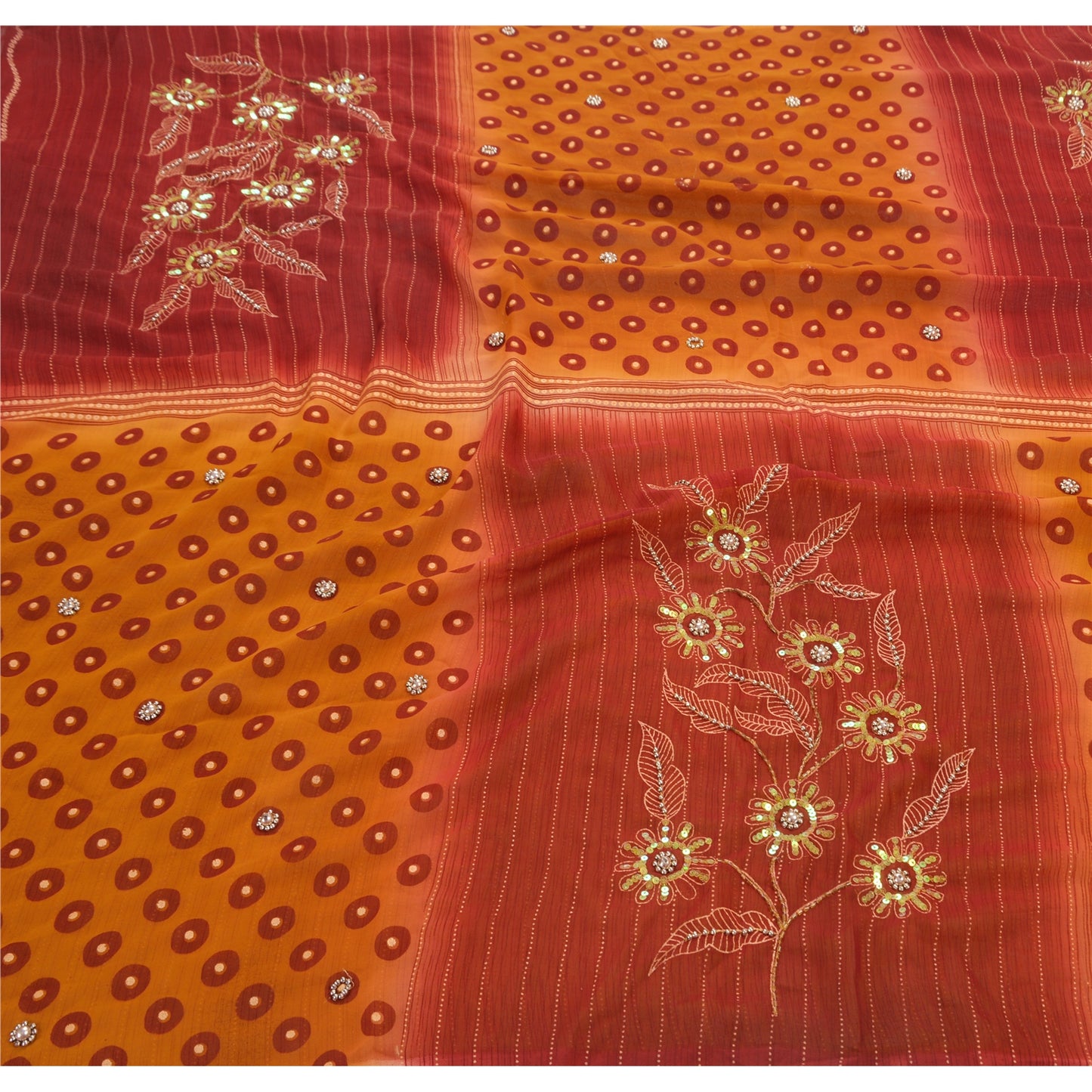 Sanskriti Vintage Saffron Sarees Georgette Hand Beaded Craft 5 YD Fabric Sari