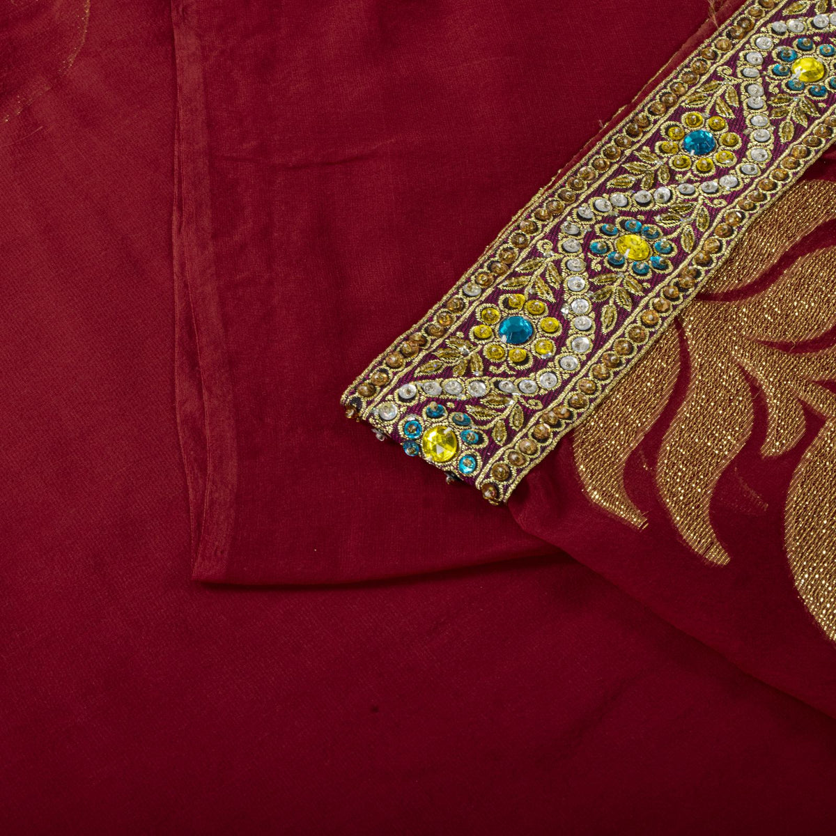 Sanskrit Vintage Hand Beaded Woven Blend Georgette Saree Red Sari Craft Fabric