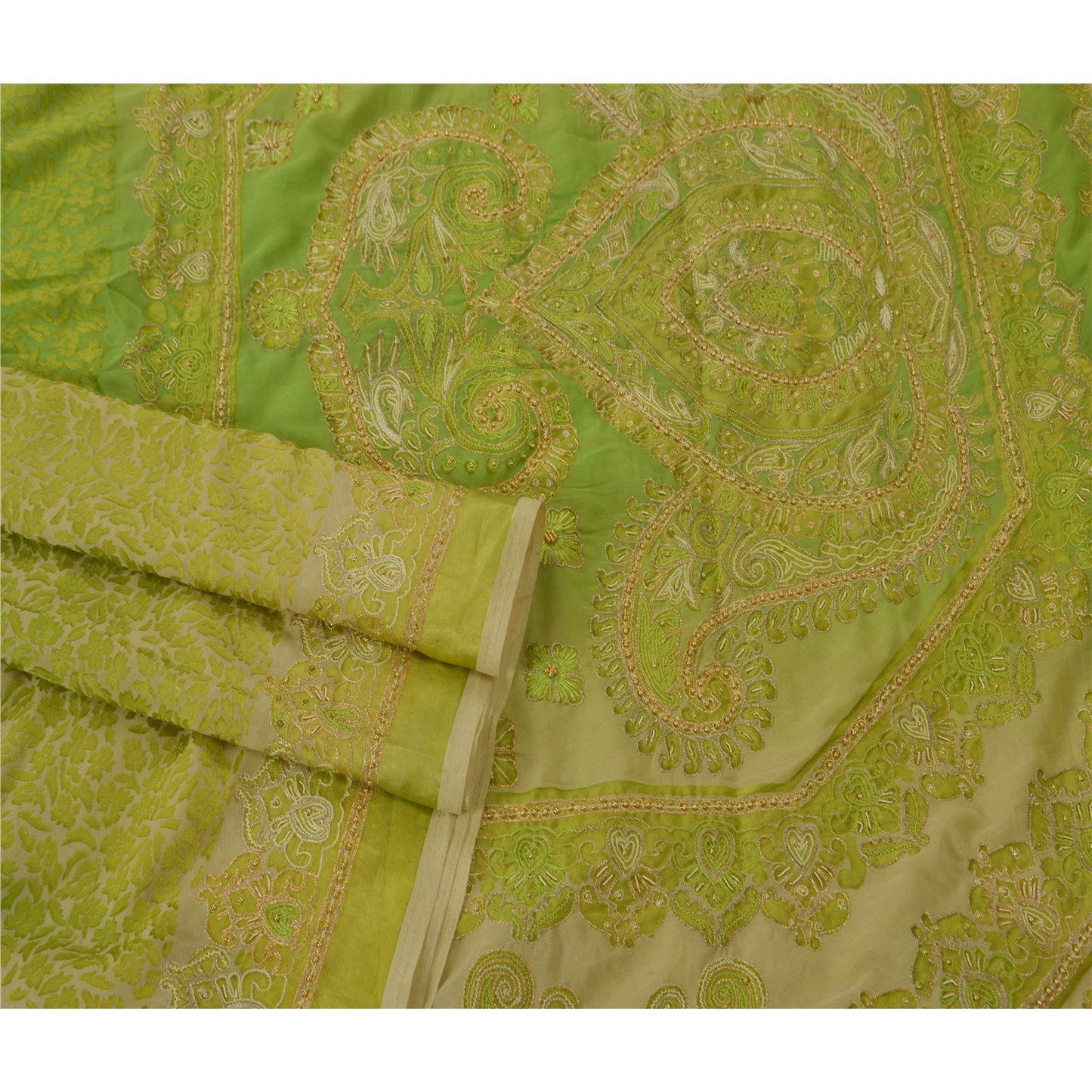 Sanskriti Vintage Green Sarees Art Silk Hand Beaded Craft Fabric Cultural Sari