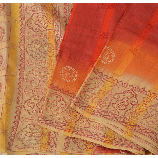 Sanskriti Vintage Red & Cream Sarees Pure Silk Hand Made Bandhani Fabric 5ydSari