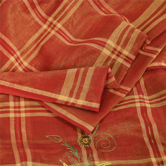 Sanskriti Vintage Indian Red Sarees Pure Cotton Hand Beaded Premium Fabric Sari