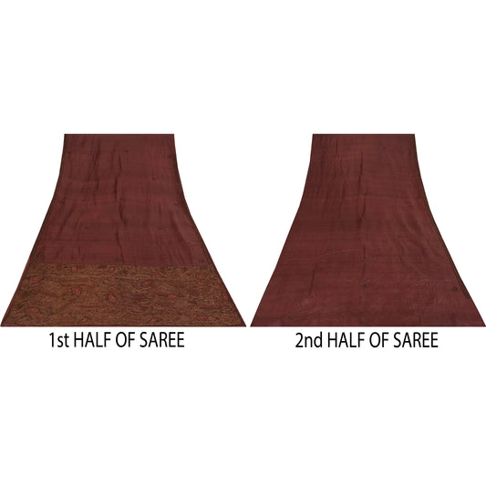 Sanskriti Vintage Dark Red Sarees Pure Silk Hand Beaded Ethnic Fabric Craft Sari