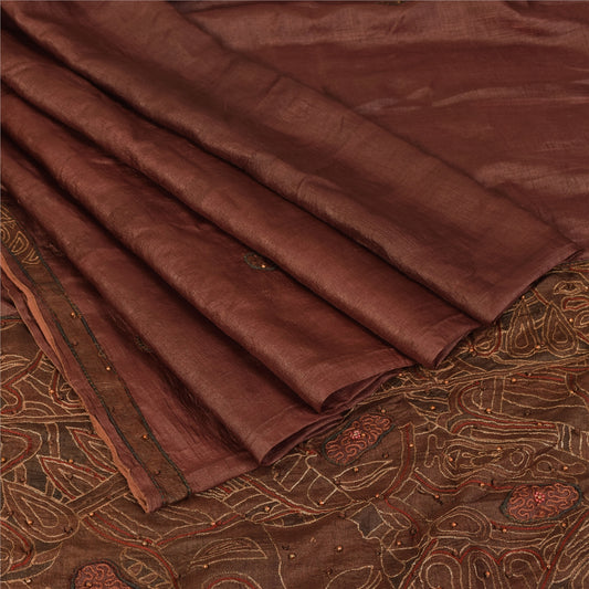 Sanskriti Vintage Dark Red Sarees Pure Silk Hand Beaded Ethnic Fabric Craft Sari