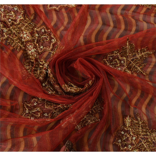 Vintage Saree Art Silk Hand Beaded Red Craft Fabric 5 YD Premium Sari