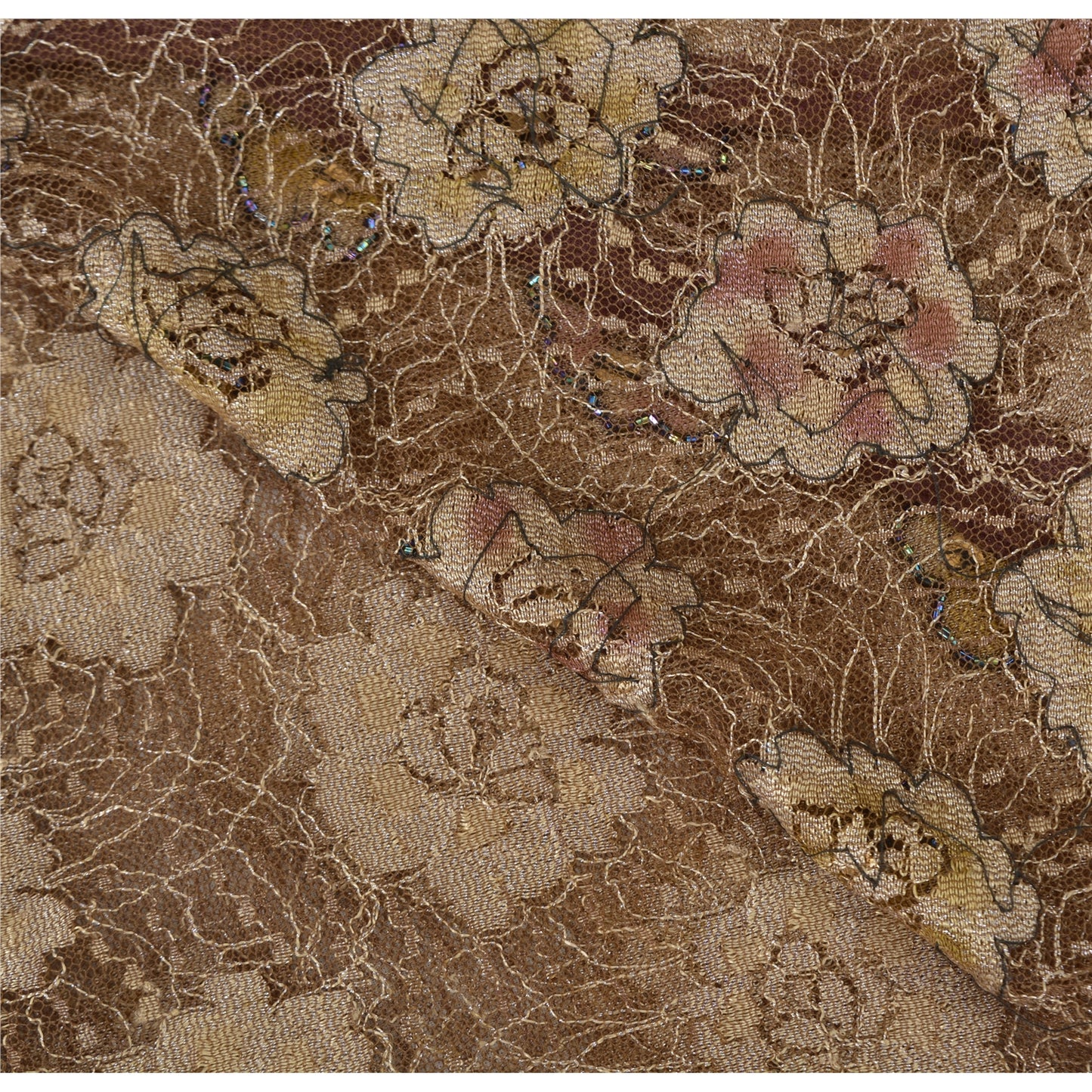 Sanskriti Vintage Brown Sarees Net Mesh Hand Beaded Woven Sari 5yrd Craft Fabric