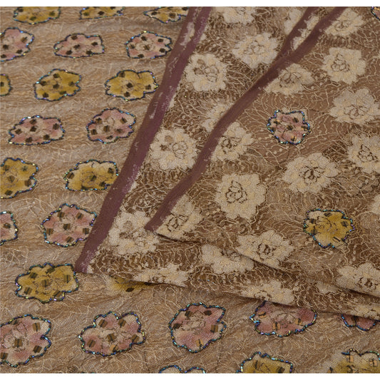 Sanskriti Vintage Brown Sarees Net Mesh Hand Beaded Woven Sari 5yrd Craft Fabric