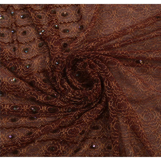 Sanskriti Vintage Dark Red Sarees Net Mesh Hand Beaded Woven Craft Fabric Sari