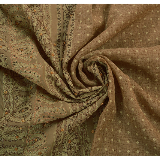 Sanskriti Vintage Brown Sarees Cotton Hand Beaded Painted Craft Fabric Sari