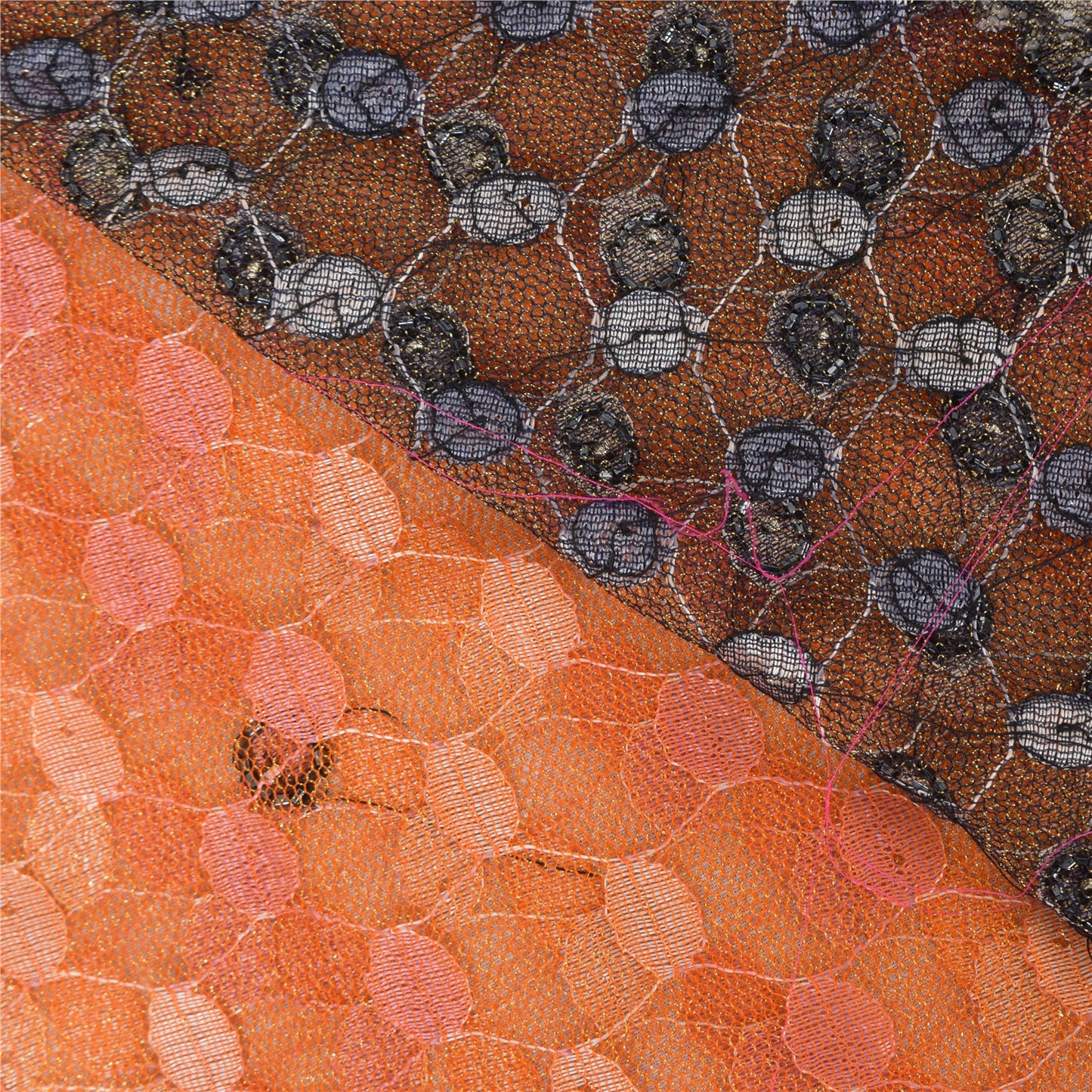 Sanskriti Vintage Orange/Gray Sarees Net Mesh Hand Beaded Sari 5yd Craft Fabric