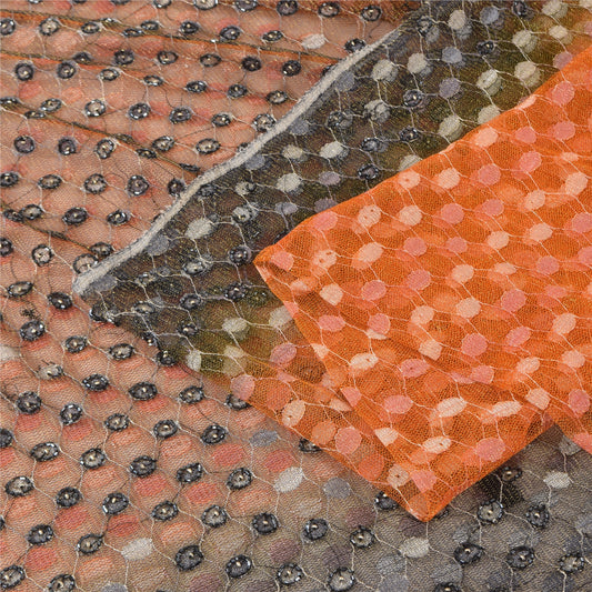 Sanskriti Vintage Orange/Gray Sarees Net Mesh Hand Beaded Sari 5yd Craft Fabric