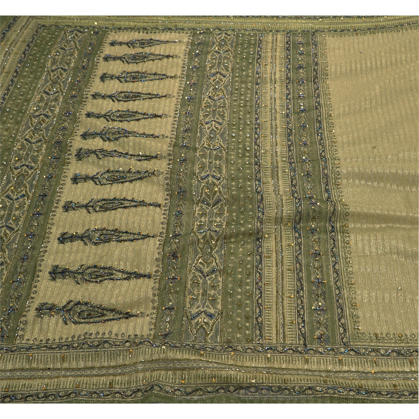 Sanskriti Vintage Sarees Net Mesh Hand Beaded Green Craft Fabric 5 Yd Sari