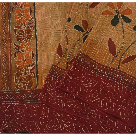Sanskriti Vintage Sarees Pure Georgette Silk Hand Embroidered Fabric Kantha Sari