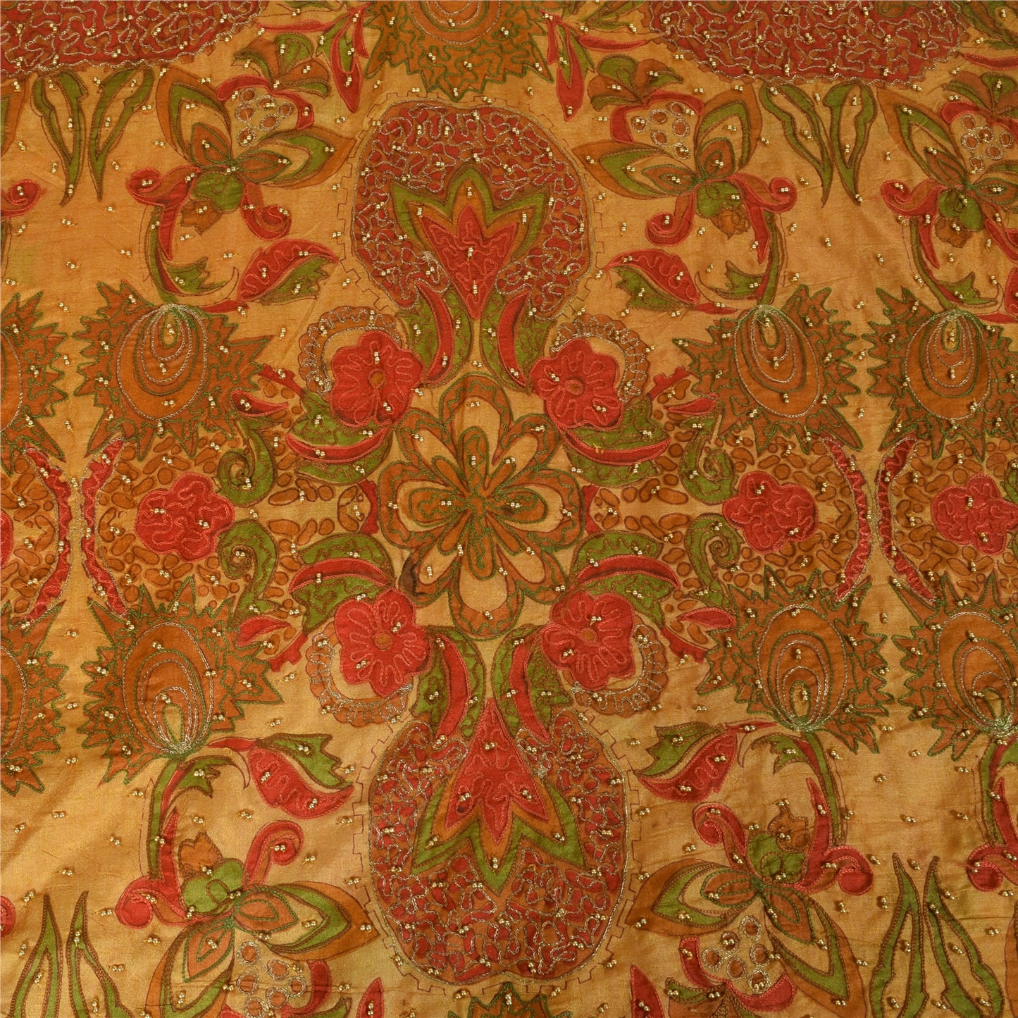 Sanskriti Vintage Saffron Saree Art Silk Indian Zari Hand Bead Sari 5+YD Fabric