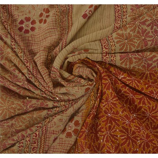 Vintage Cream Saree Art Silk Hand Embroidered Kantha Craft 5 Yd Fabric Sari