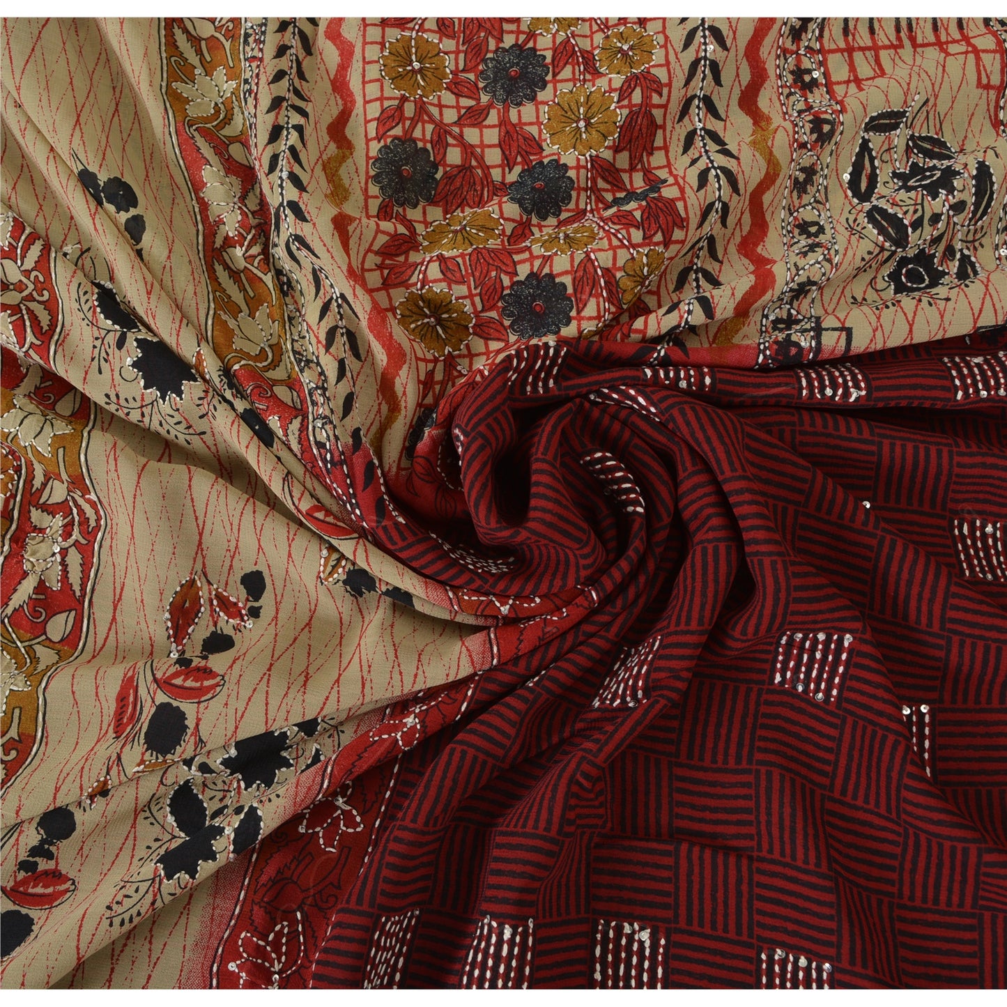 Sanskriti Vintage Sarees Art Silk Hand Beaded Kantha Premium Sari Craft Fabric